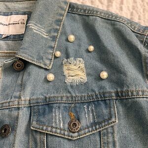 Women's Blue Jean Jacket with Pearl Accents